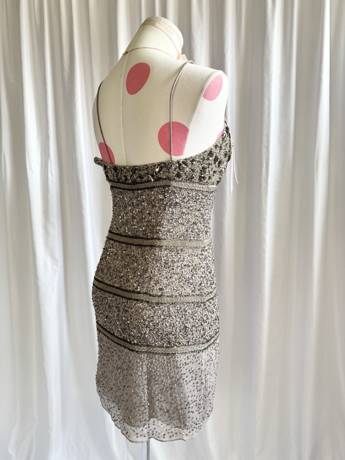 Vintage Y2K Silver Beaded Silk Sequin Gem Party Princess Mini Dress Grey Size S