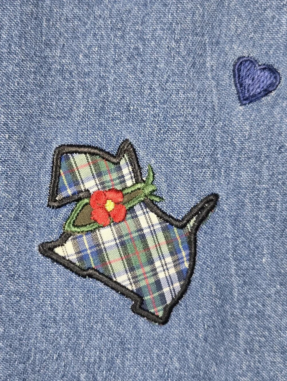 Vintage 90s Quizz Again Denim Shirt Scottie Dog Plaid Embroidered Grannycore S