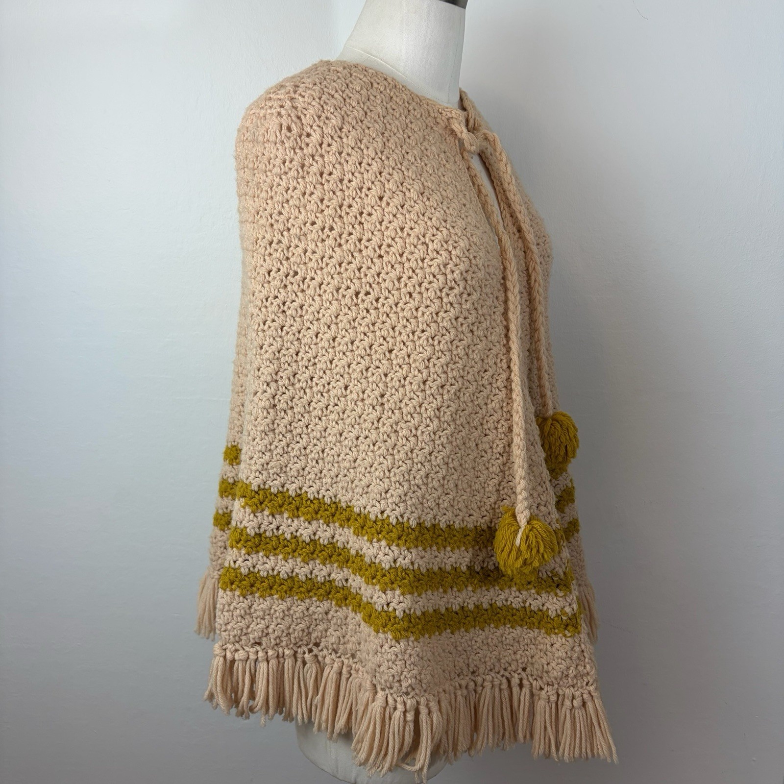 60’s 70’s Knit Crotchet Poncho Yellow Cream Fringe Boho Homemade Handmade