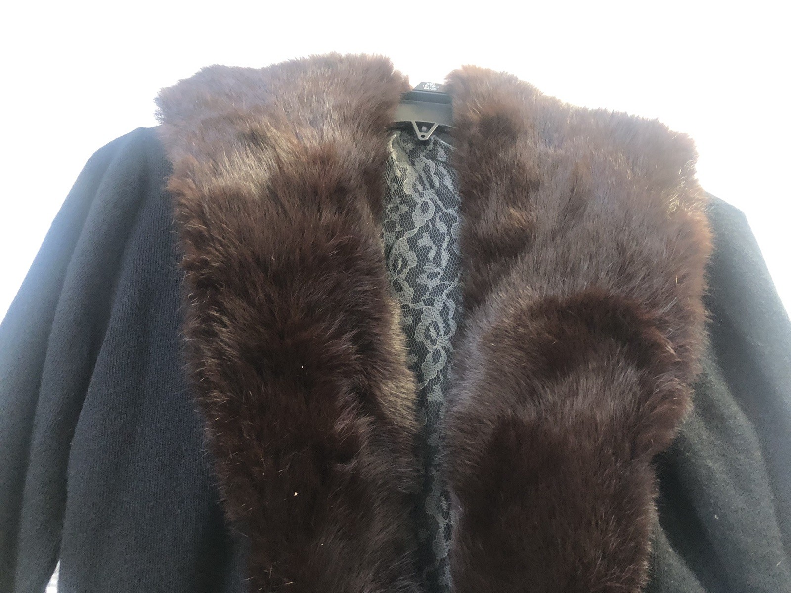 60s VTG Wool Cardigan w Black FUR COLLAR and Rhinestone Clasp