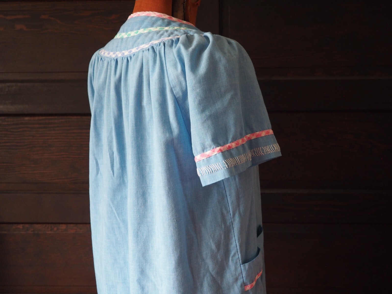 VtG 70s 80s Blue Chambray Lounge Duster Snap Front Pocket Cottage House Dress M
