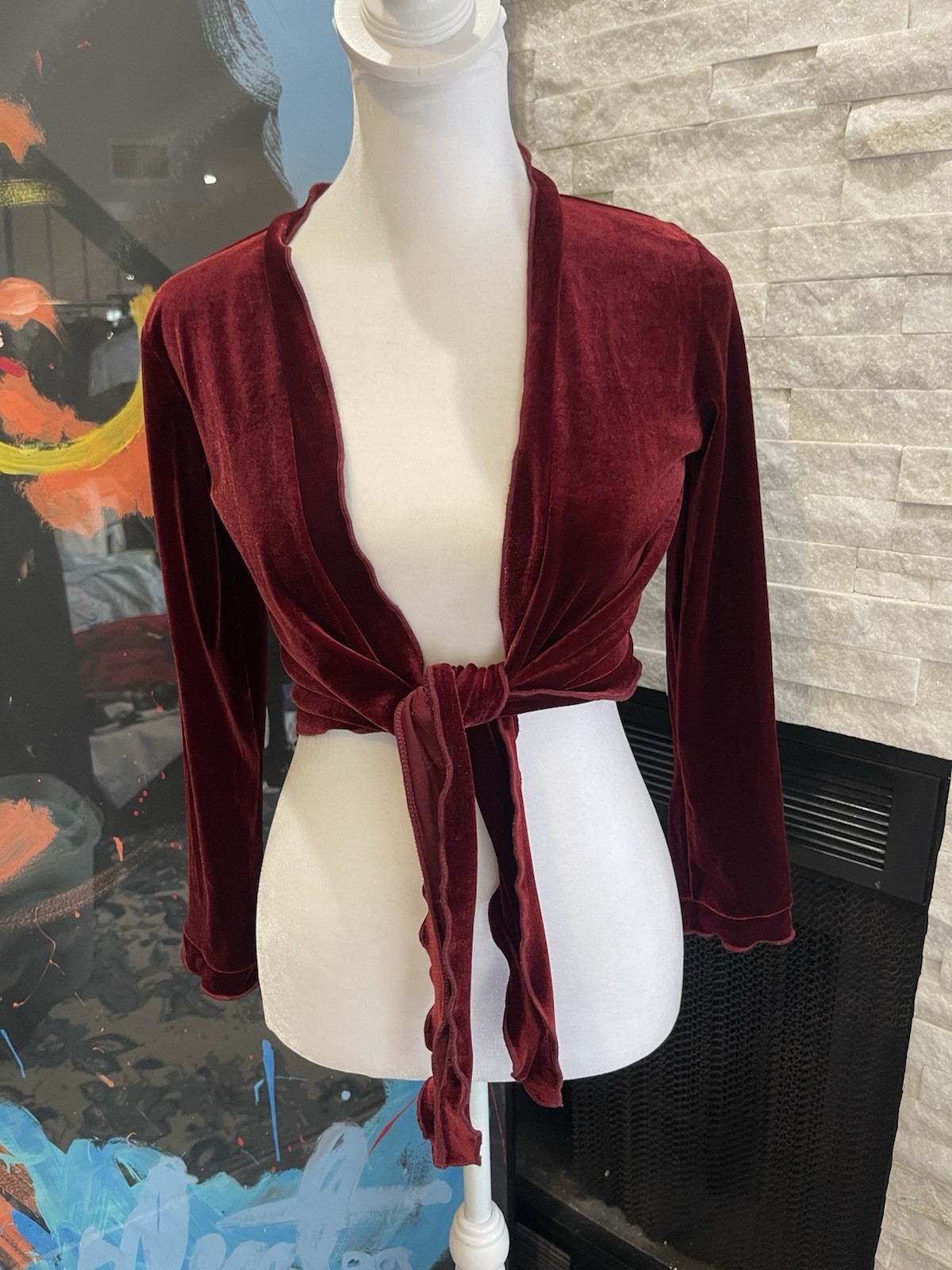 Vintage Lord And Taylor Cropped Bolero Shrug Velour Burgandy Cardigan Size Small