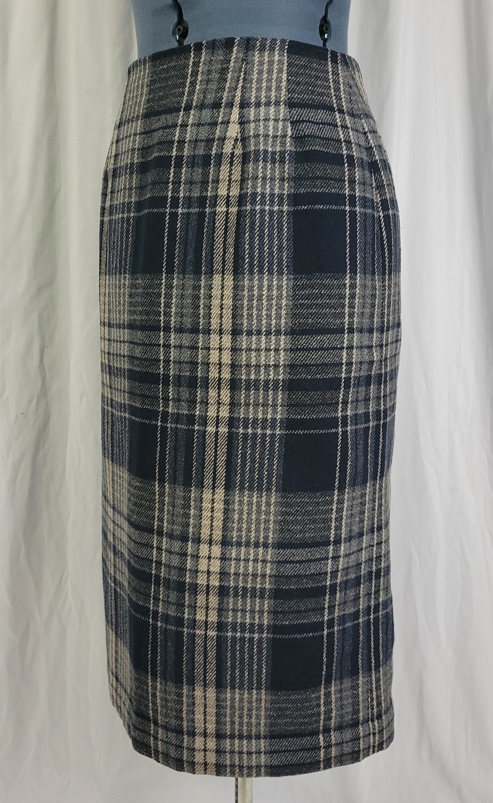 Vintage Savannah Navy/Lt Grey/Dark Grey Plaid Wool Blend Pencil Skirt Size 8
