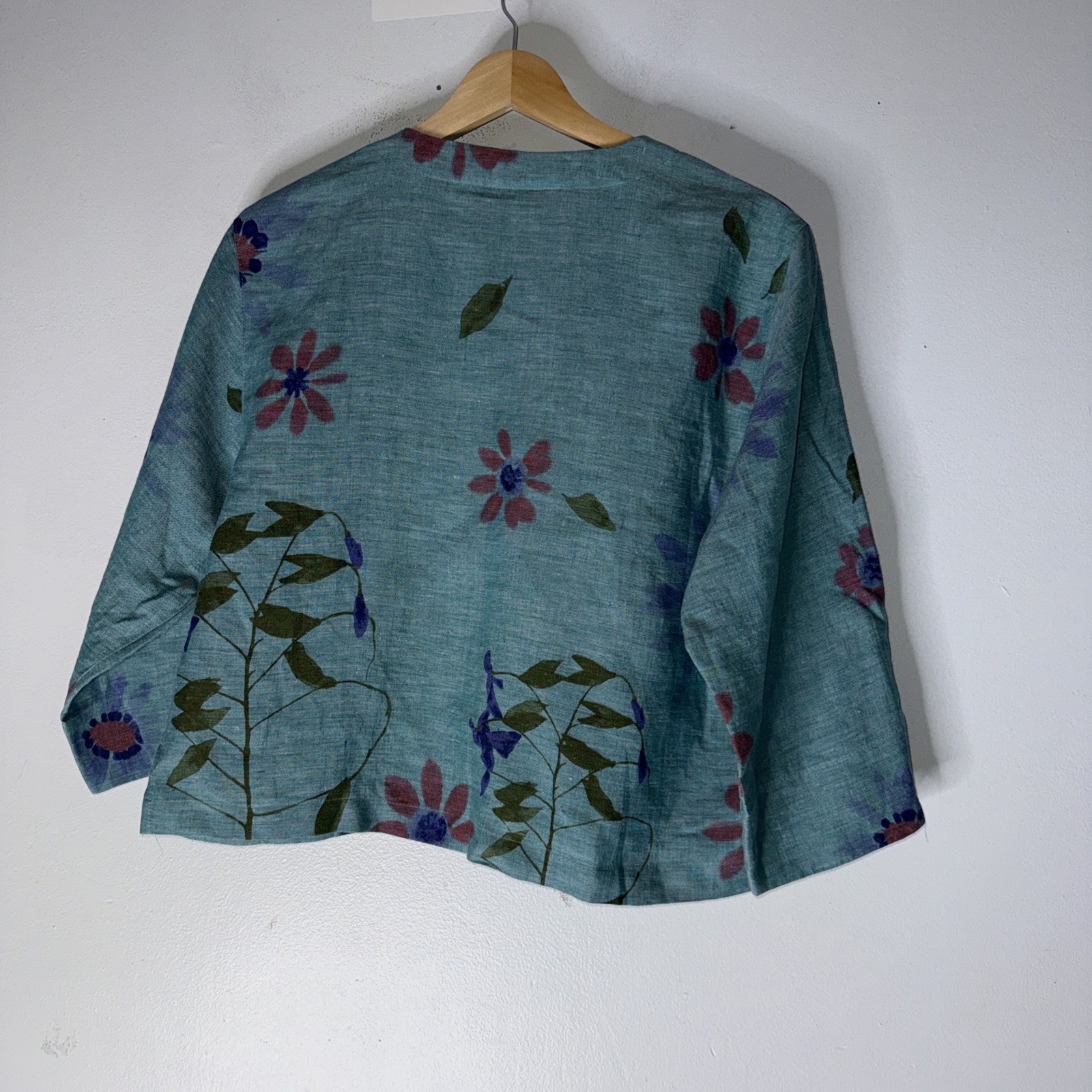 vintage carol anderson Blue Green Painted Floral Linen Single Button Top Artsy M