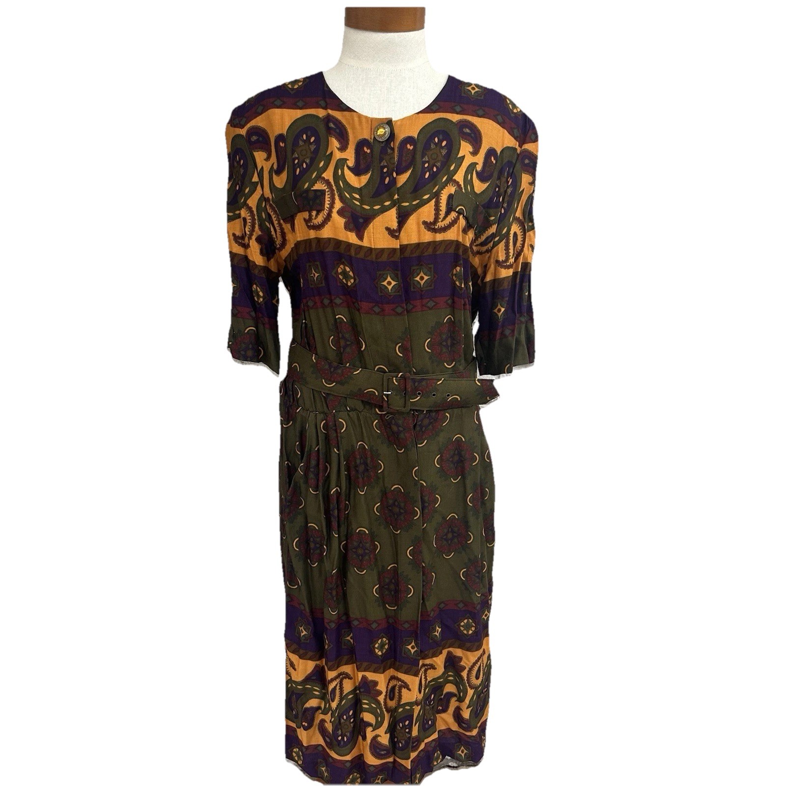 Vintage Mono Sz 18 Yellow Green Purple Belted Button Front Dress Pockets Rayon
