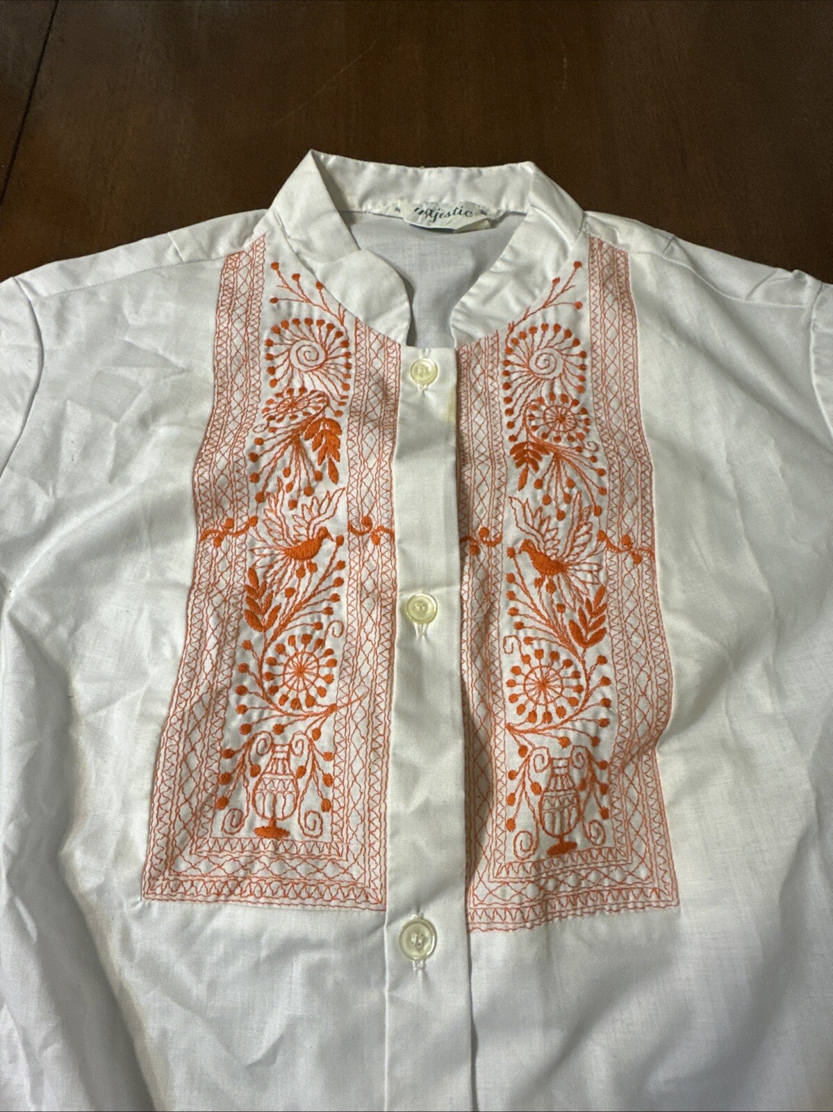 MAJESTIC Vtg 60-70s White Orange Embroidered 3/4 Sleeve Blouse Sz 16