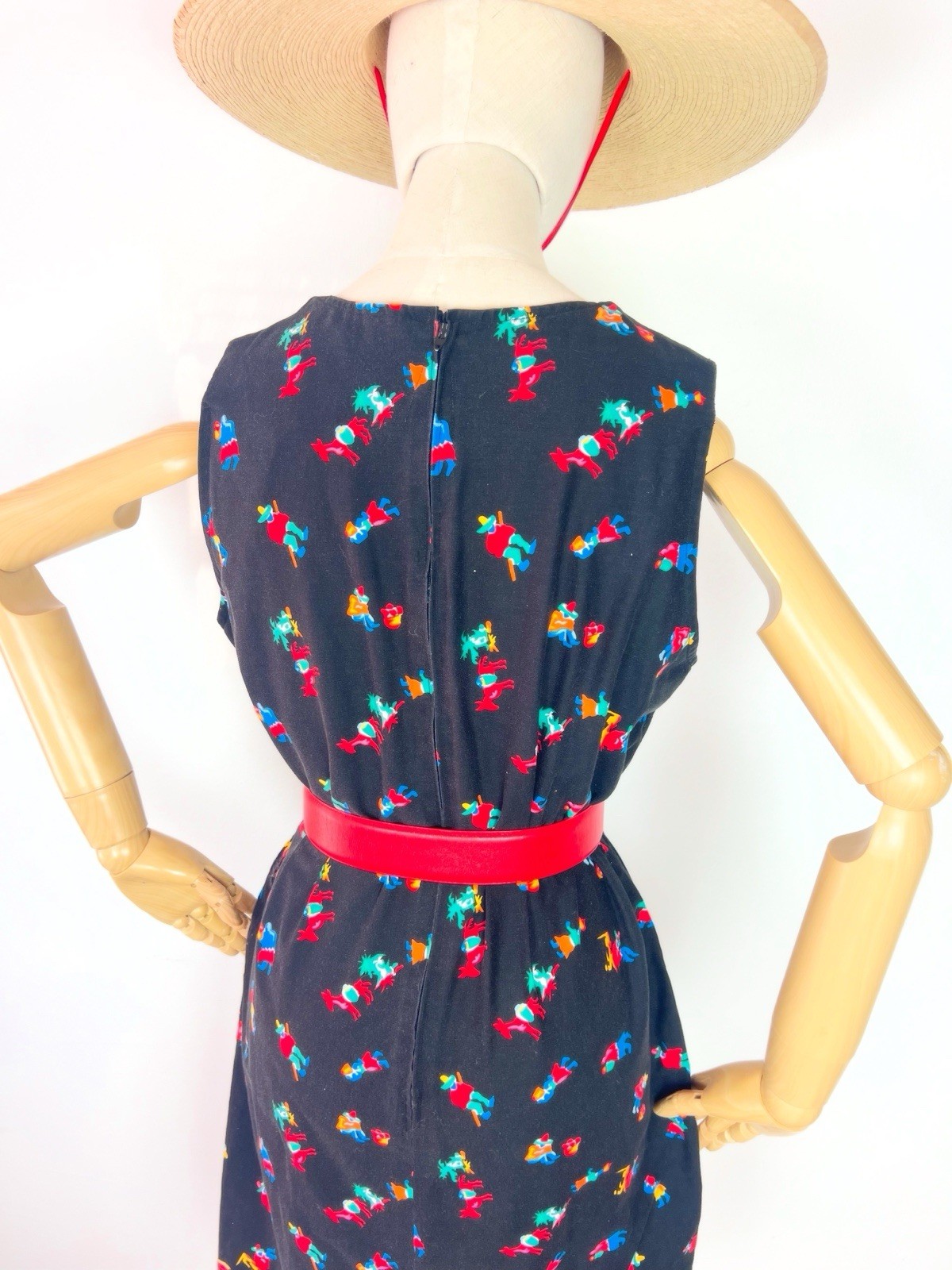 MEXICAN NOVELTY Print 60s 1960’s Vintage Black Cotton Shift Sundress Dress M 36b