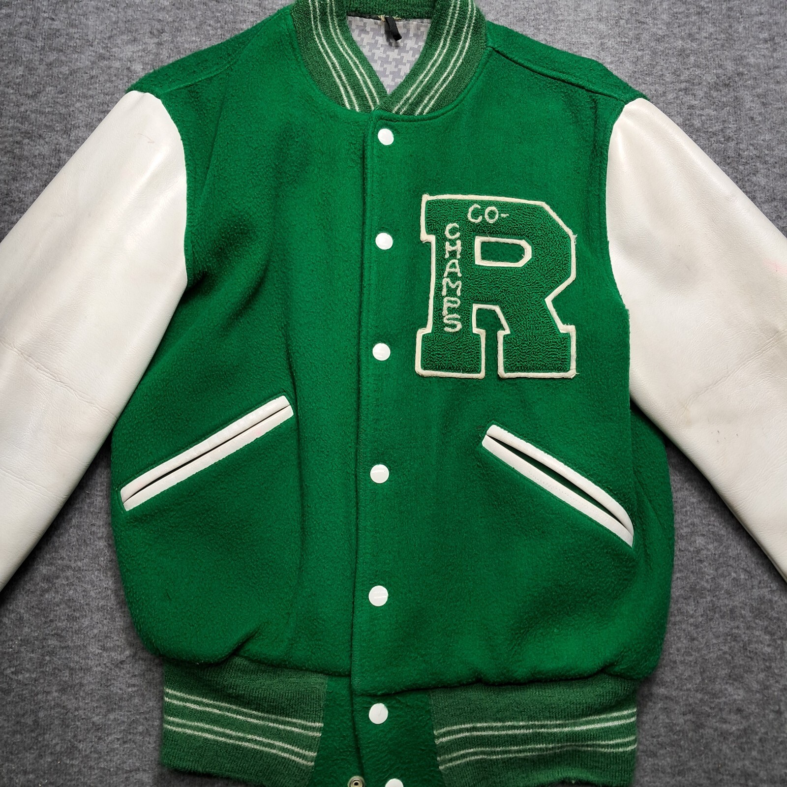 VTG 60s 70s Butwin Lettermans Jacket Green White Wool Vinyl Sleeves Vegan!