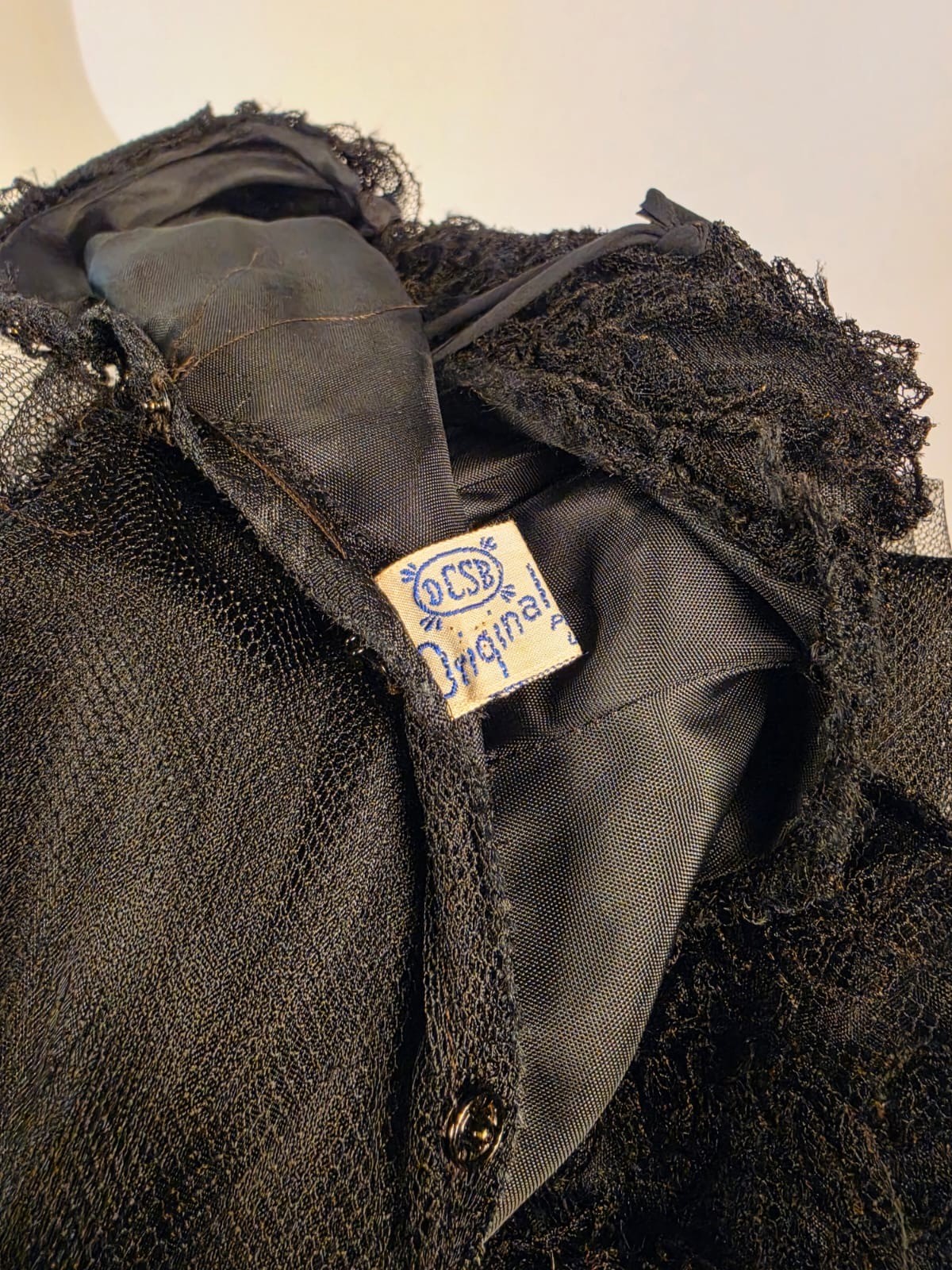 ANTIQUE 1930’S BLACK NET + RUFFLE LONG DRESS W TAFFETA LINING + VELVET TRIM