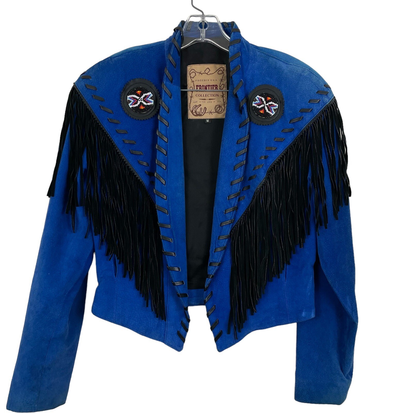 VTG 80s Western Phoenix Frontier Fringe Jacket Skirt S/M Blue Suede Bead Outfit
