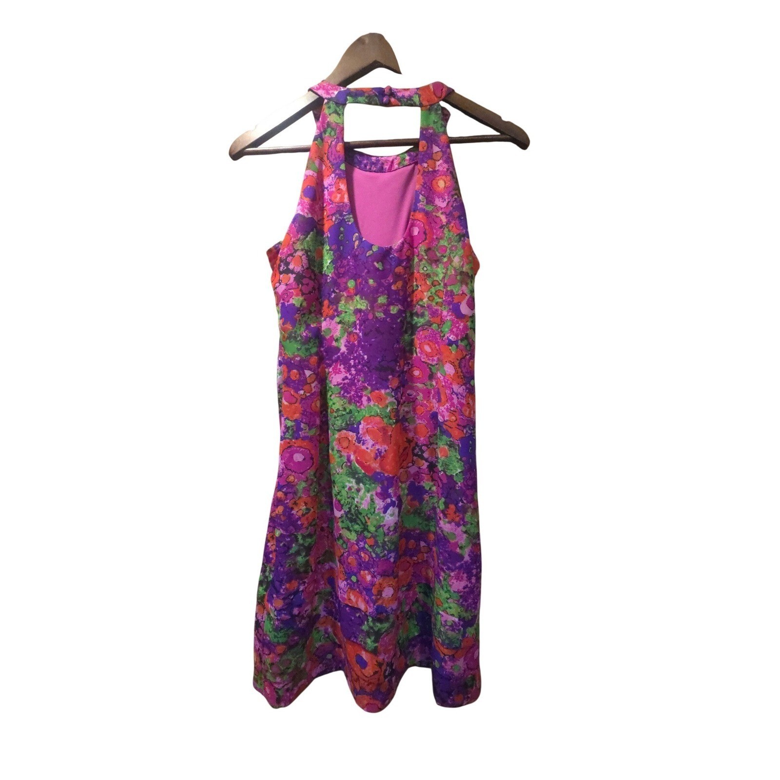 Madison Leigh Vintage Floral Halter Ruffle Neck Dress Purple Orange Green Sz 10