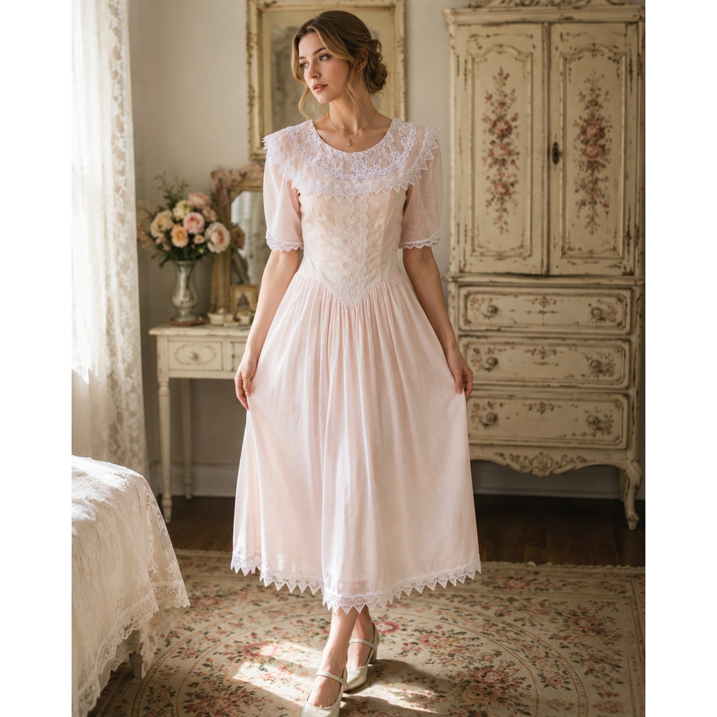 Jessica McClintock Gunne Sax Dress Women 7/8 Pink Lace Prairie Vintage Coquette