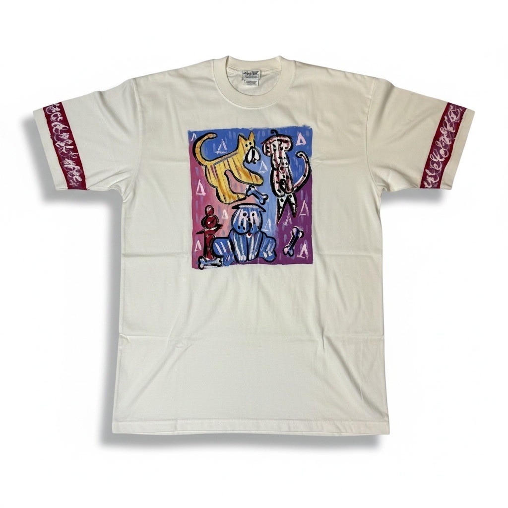 Encore for Silkscapes Vintage Handpainted Graphic T-Shirt Cream Large Cats Dogs