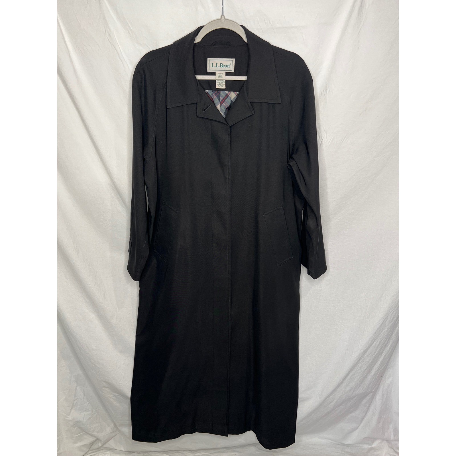 VTG LL Bean Women’s Large Petite Black Trench Duster Coat Long Neutral Classic