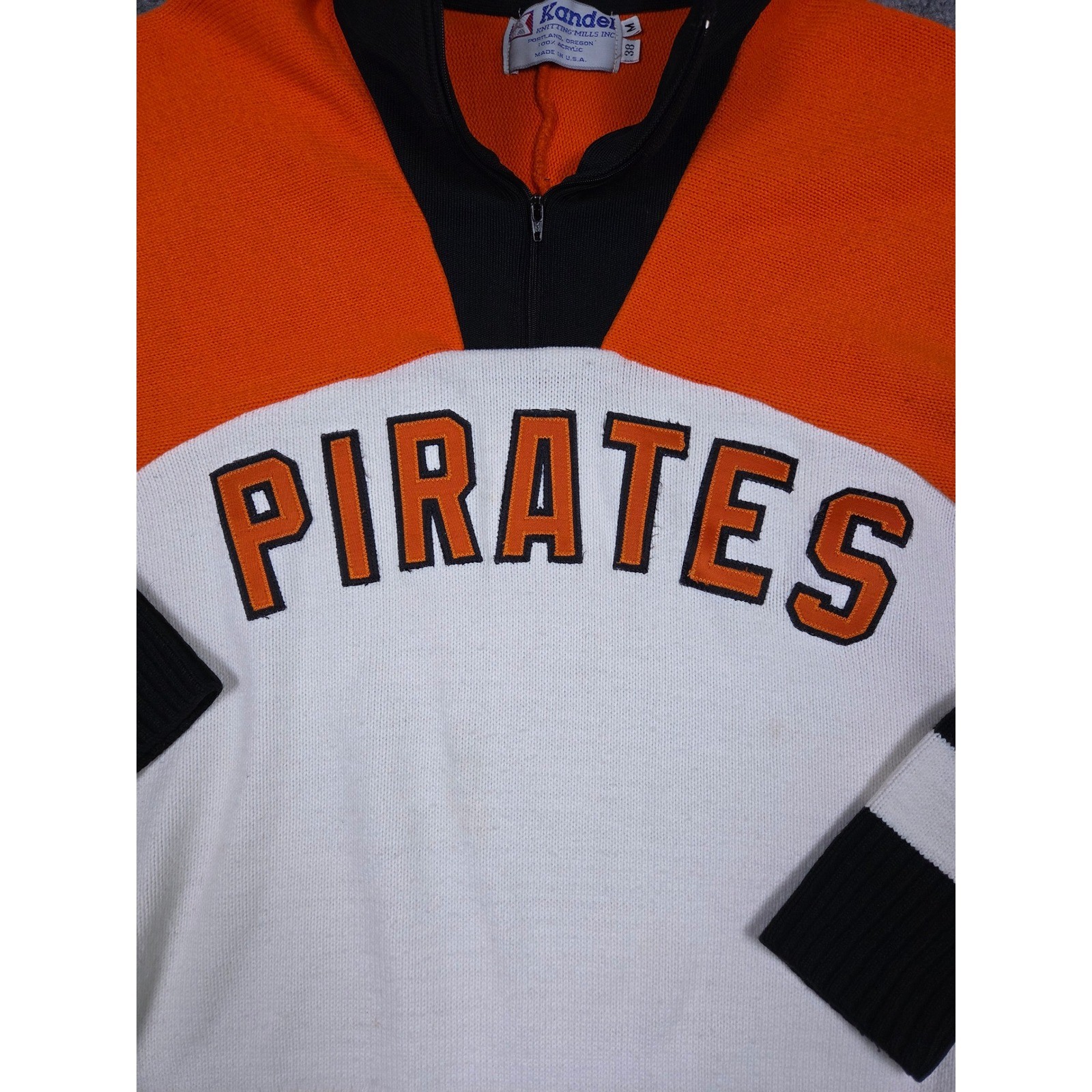 Vintage Kandel Sweater Womens Medium Orange White Pirates 1/4 Zip Knit Striped