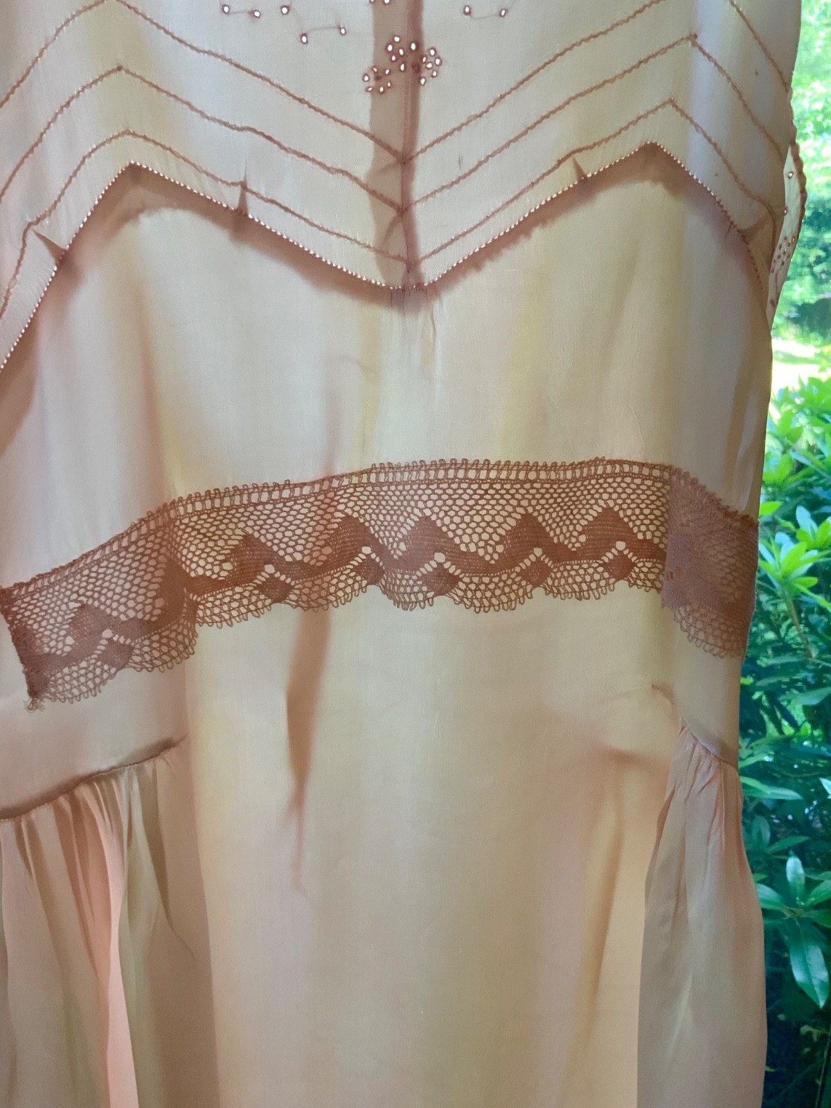 Rare 1930s Blush Pink Satin Boudoir Gown with Embroidery & Ribbon Sash-30DA