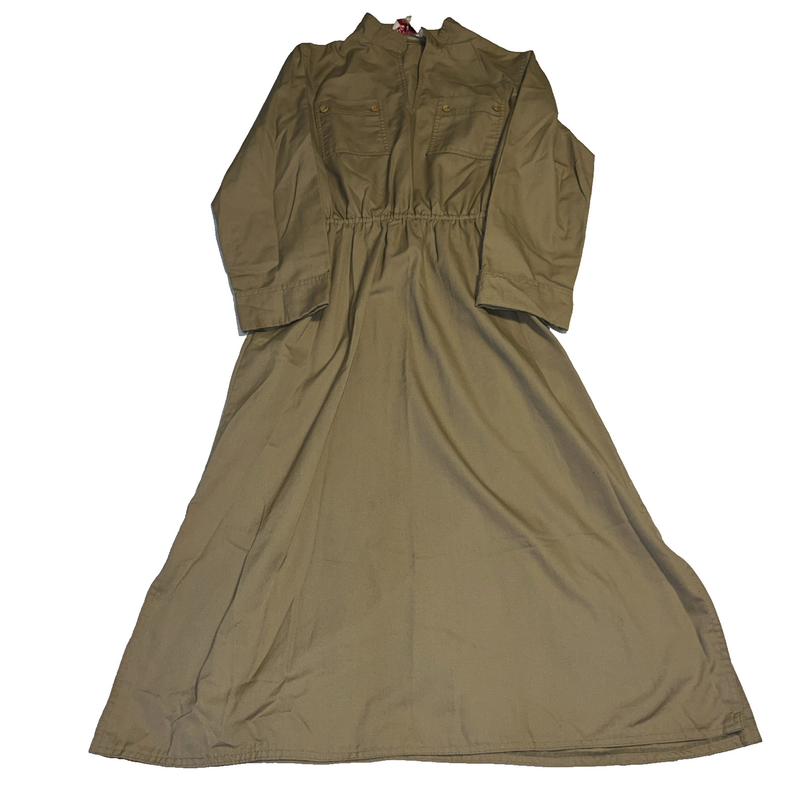 Caron Vintage Army Dress Beige Long Sleeve Pockets Mock Neck Medium Maxi Khaki