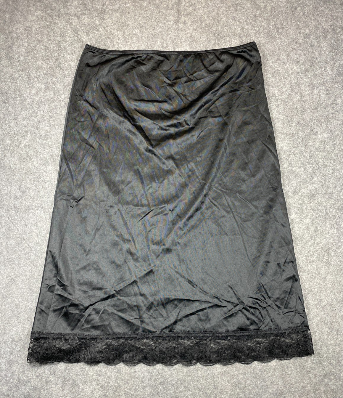 Vintage Kaydette Womens Slip Skirt Black Large 30/32 Satin Lace Trim Lingerie