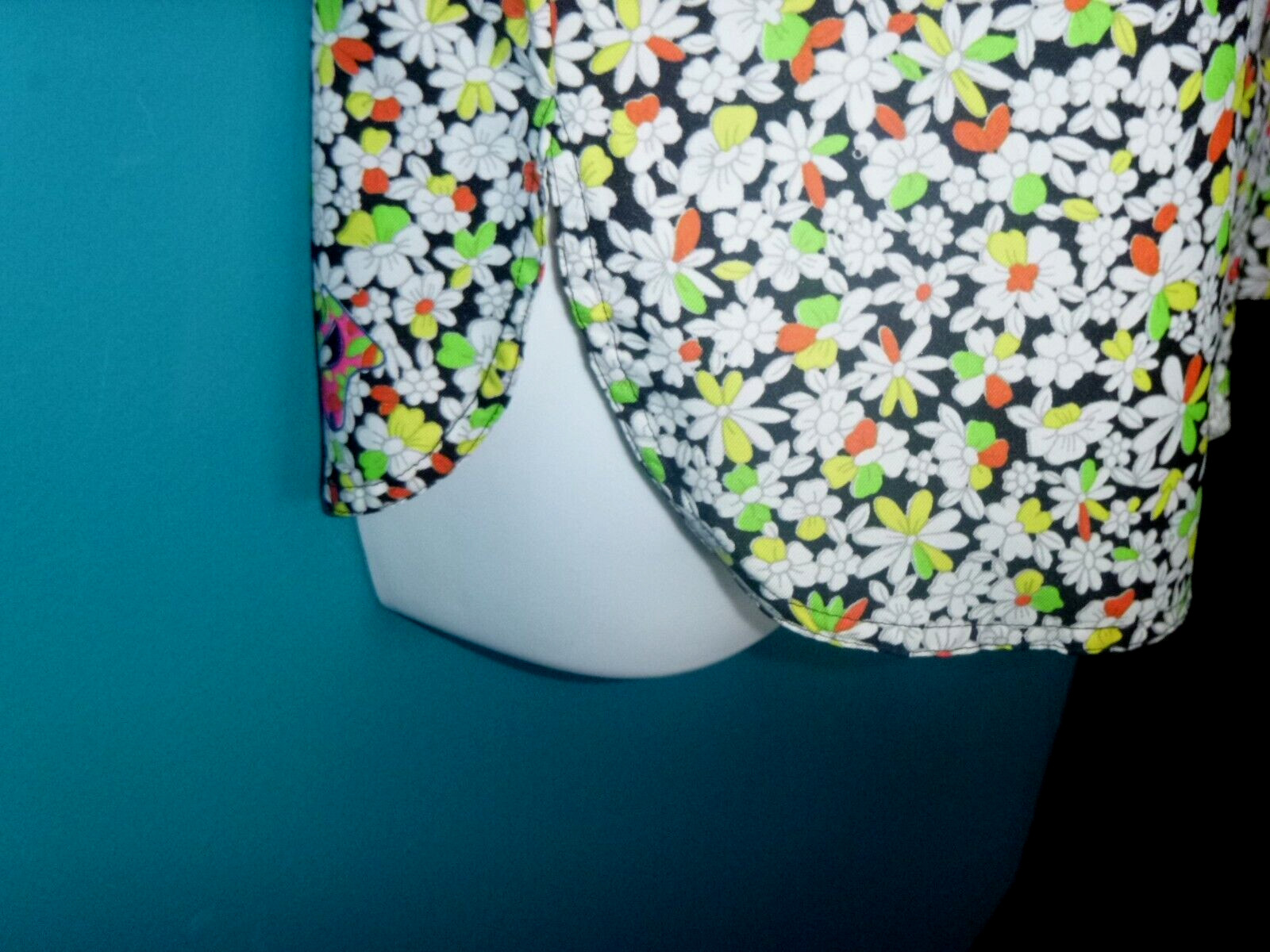Vtg 70s King James California GROOVY Blouse Shirt MOD Floral Neon Stripes Sz S/M