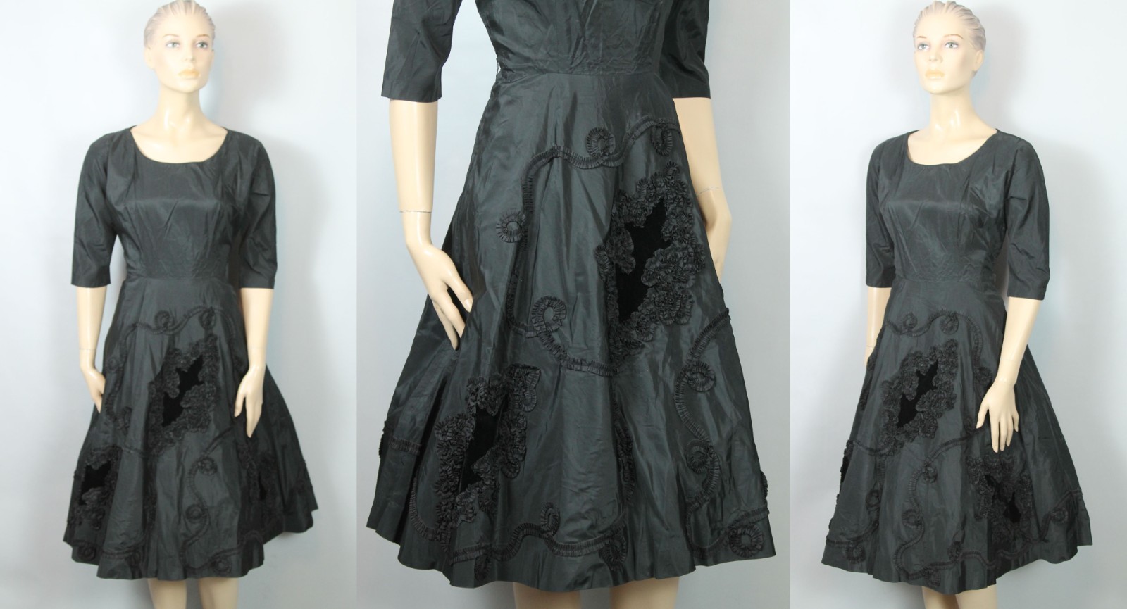 Vtg 50s Black Taffeta Fit & Flare Evening Cocktail Party Dress Gown S/M