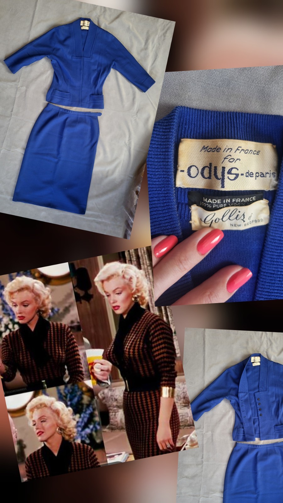 Vtg 50s Blue Wool Jersey Knit Skirt Suit Made In France Size S-M Excellent