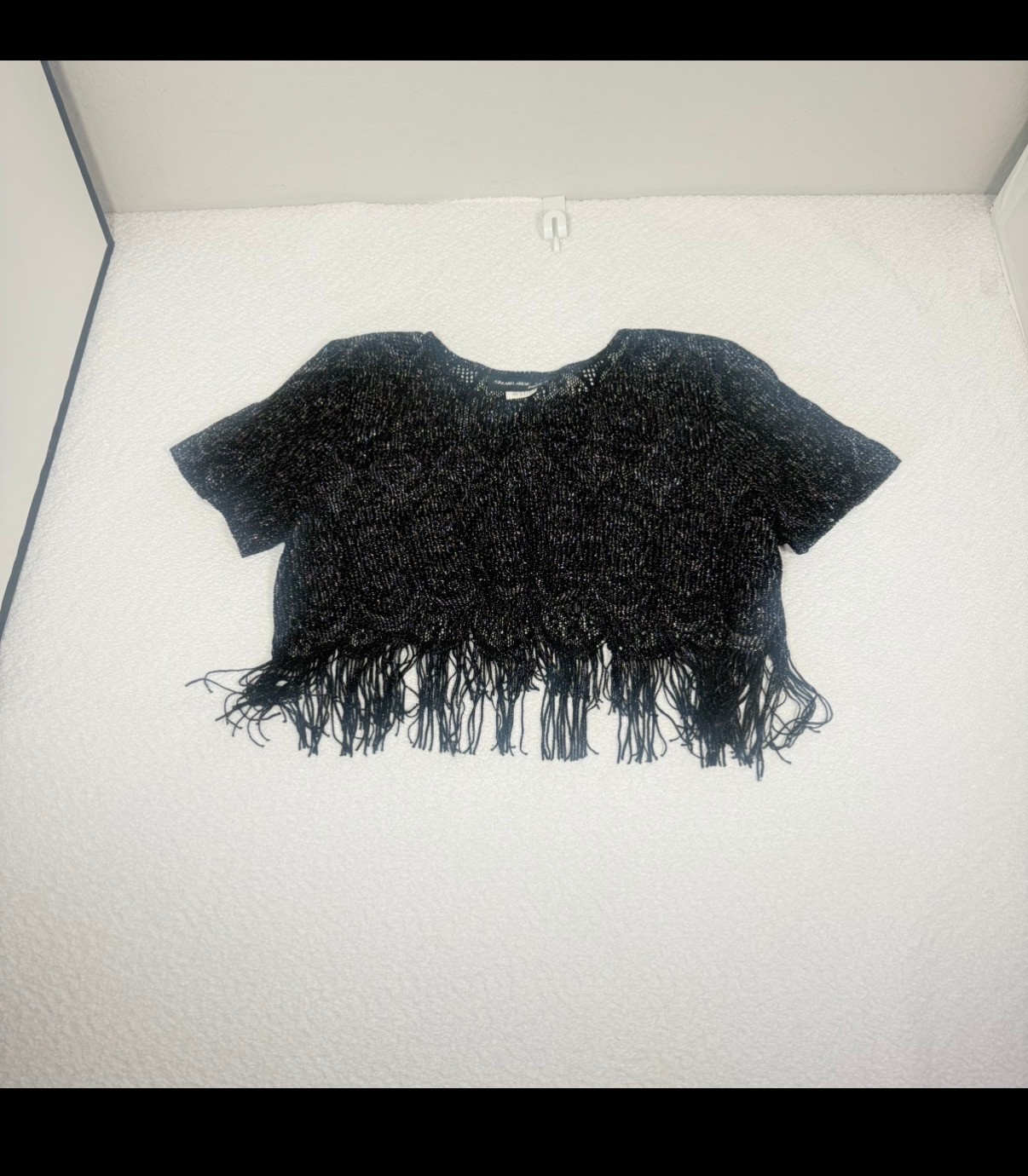 Vintage 80s Sharade Nites Black Metallic Fringe Crop Top Open Knit Womens 14P