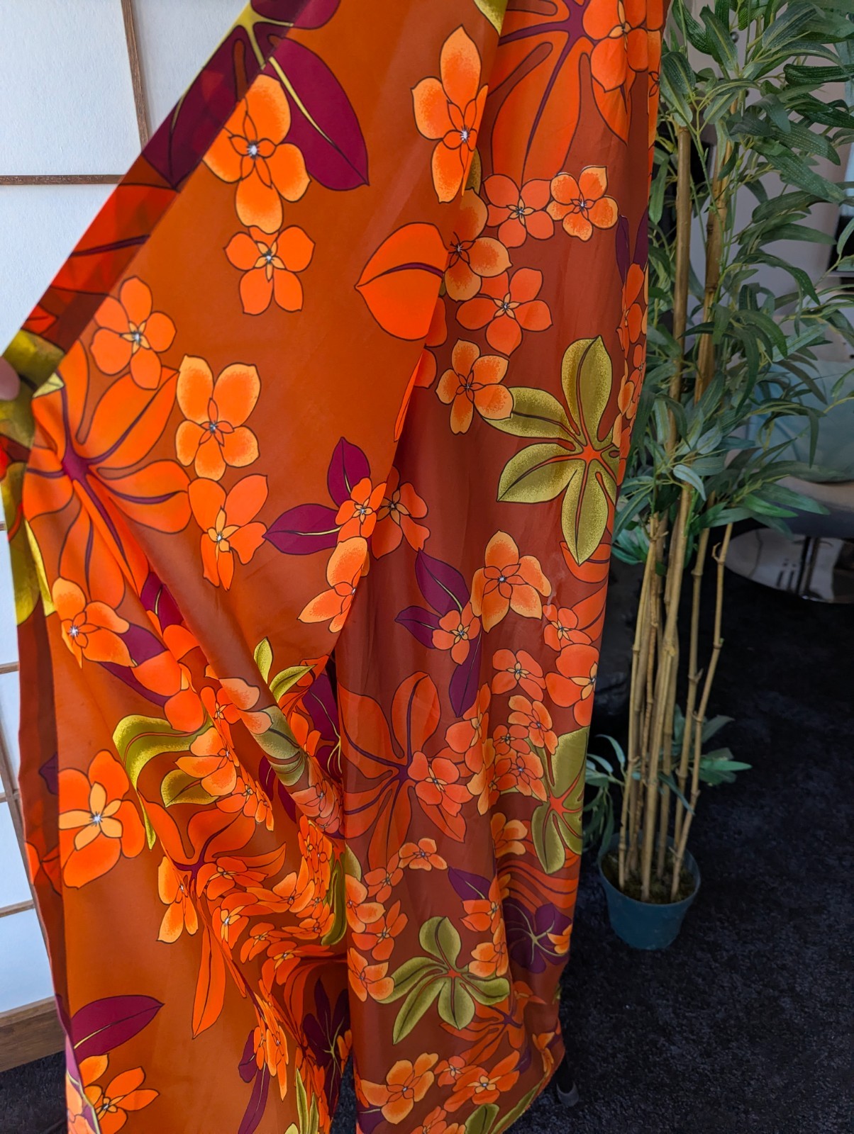 Vtg 1970s Pomare Tahiti Hawaiian Sarong Wrap Halter Dress Bright Orange L/XL