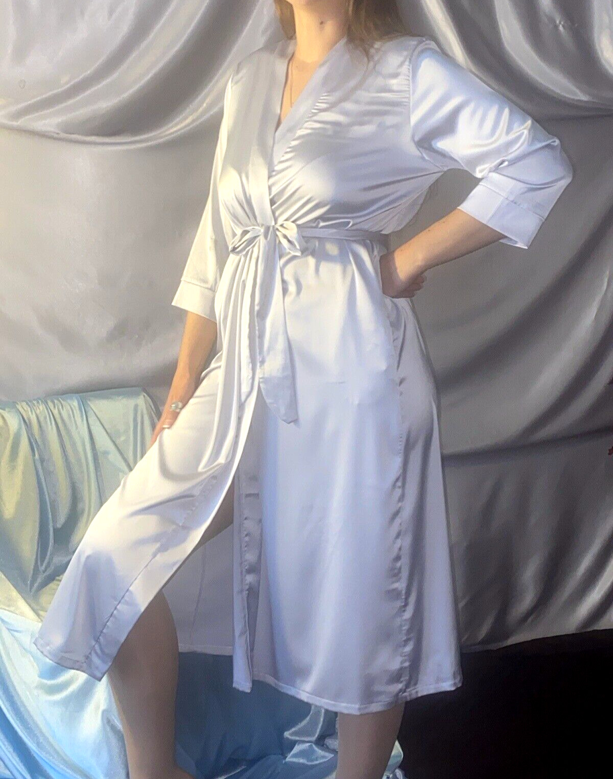 VTG SILVER SATIN FROSTY 42 44 LINGERIE Babydoll Nightgown ROBE L/xl