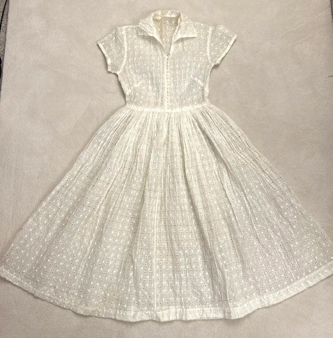 vintage 50s 1950s sheer overlay shirt dress eyelet button up peter pan collar