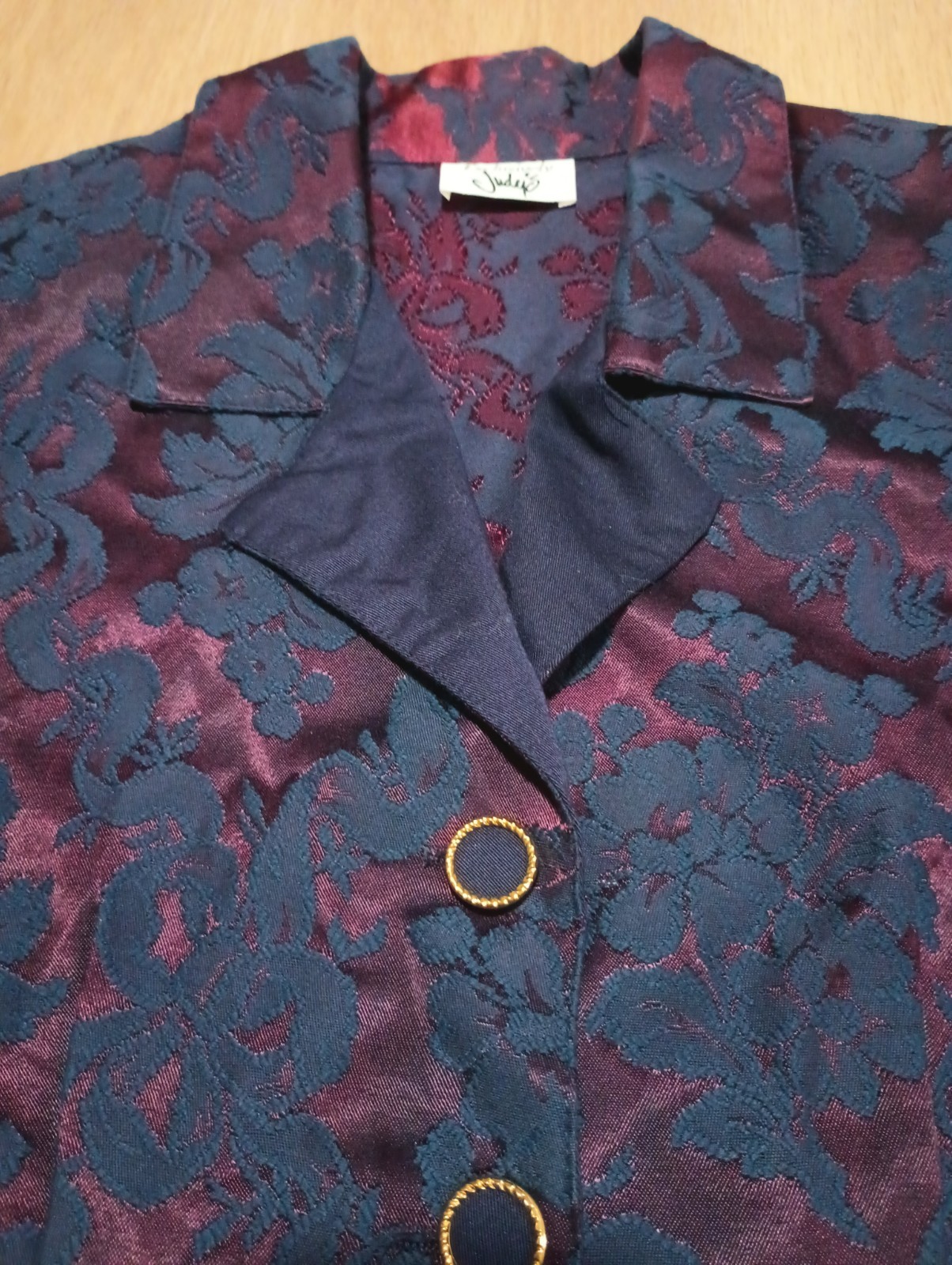 Vtg 80s JUDY’S Burgundy Navy Jacquard Blazer Jacket holiday festive steampunk S
