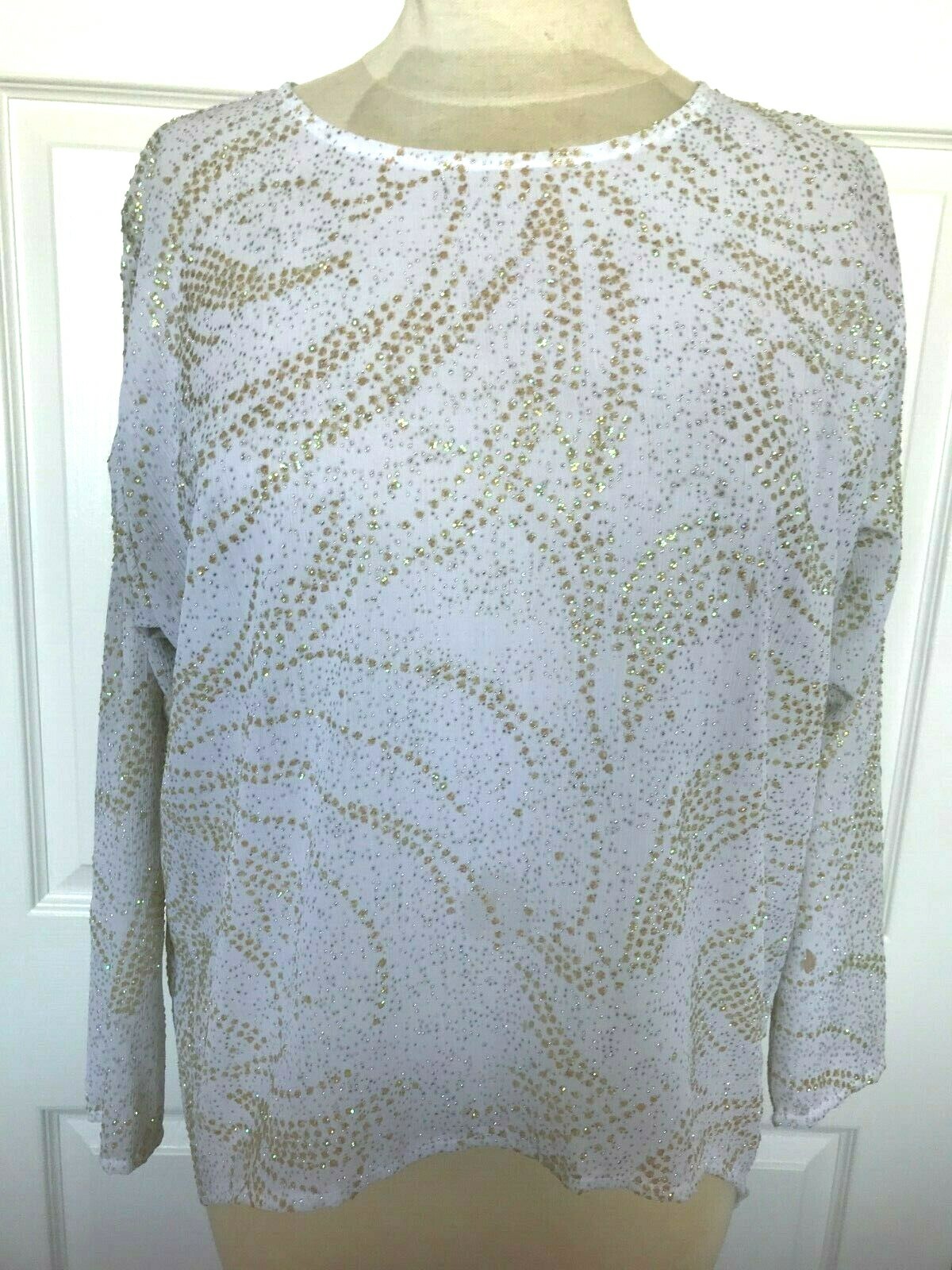 Women vtg disco blouse beads sequin top white gold Francine Browner Rumours 44″