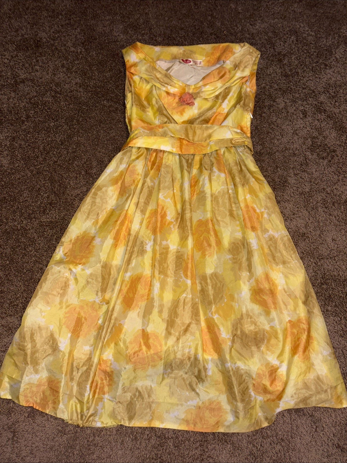 50s 60s Vintage Mod Yellow Orange Floral Dress Plus Size 42 Trevira 10/12