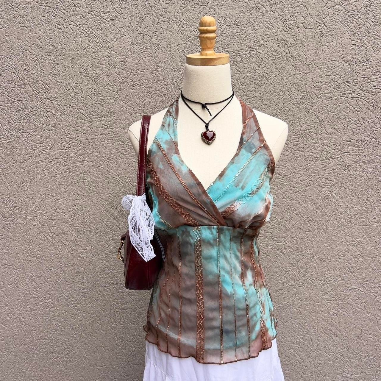Vintage Y2K Venus Blue & Brown Mesh Halter Top w/ Sequins Lace Small Festival