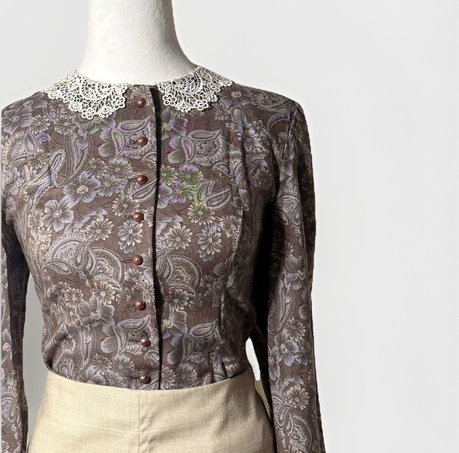 VTG 60s 70s Prairie Blouse Brown Floral Romantic Cottagecore Lace Collar Sz 6
