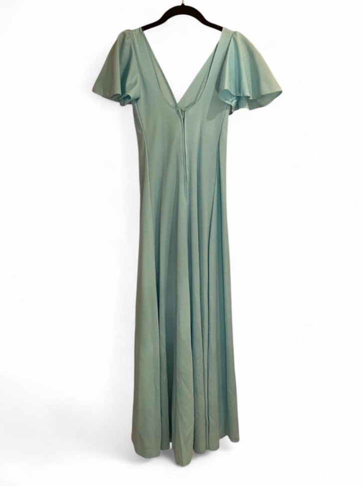True Vintage Handmade Baby Blue 70s Maxi Dress Prom Formal Rosette XS/s/m AS IS