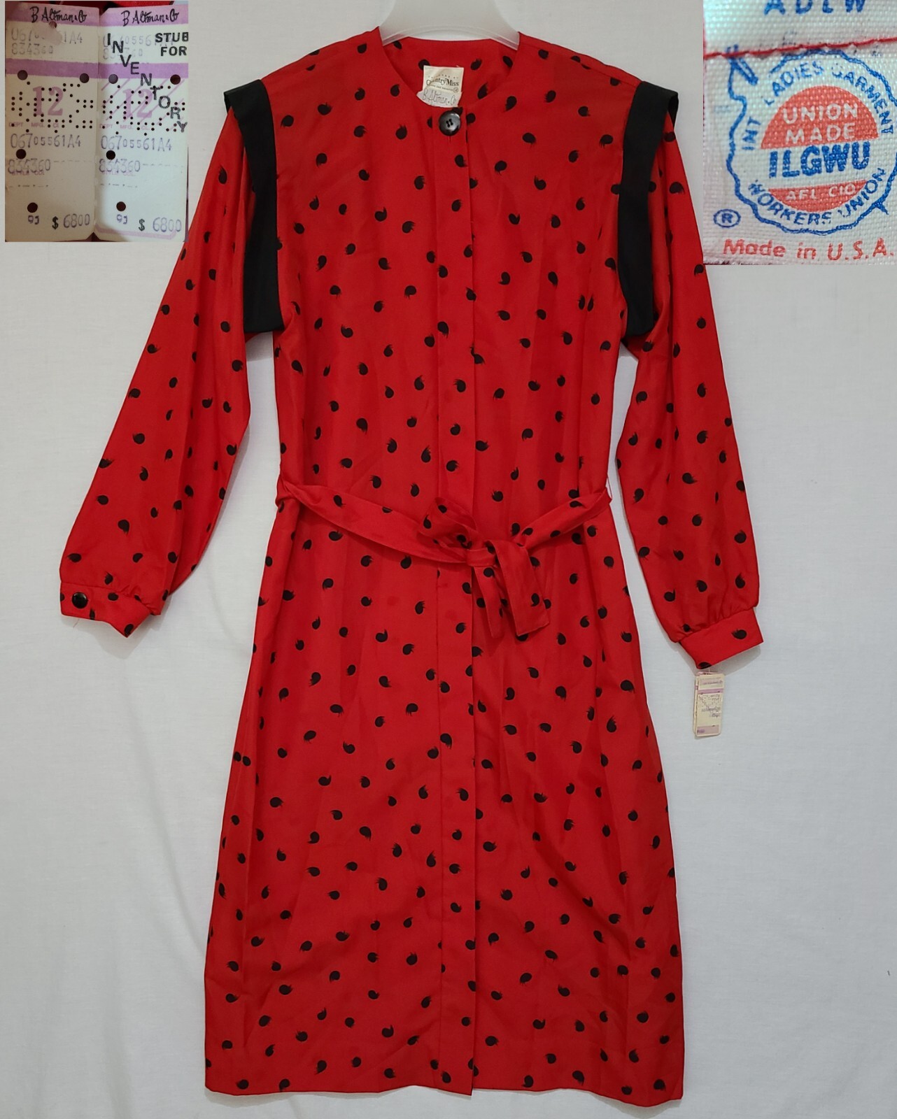 Vtg 80s B Altman & Co Red/Black Button Front Shirt Dress Belted Size 12 (N2)
