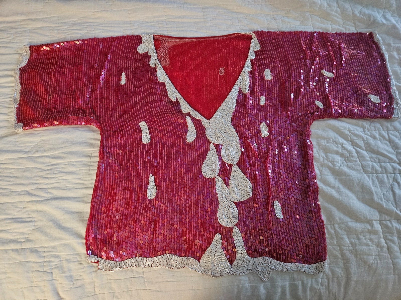Vintage 1980’s St. Martin Red Silk Blouse Top with sequins and beads S/M