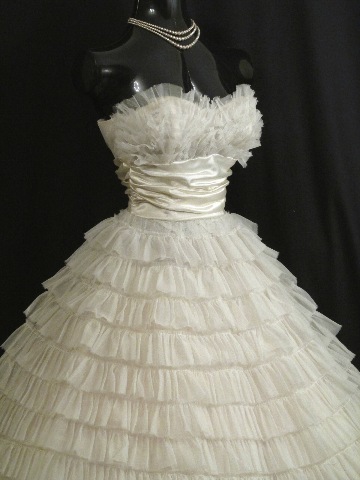 Vintage 1950’s 50s STRAPLESS White Chiffon Taffeta Prom Party Wedding Dress Gown