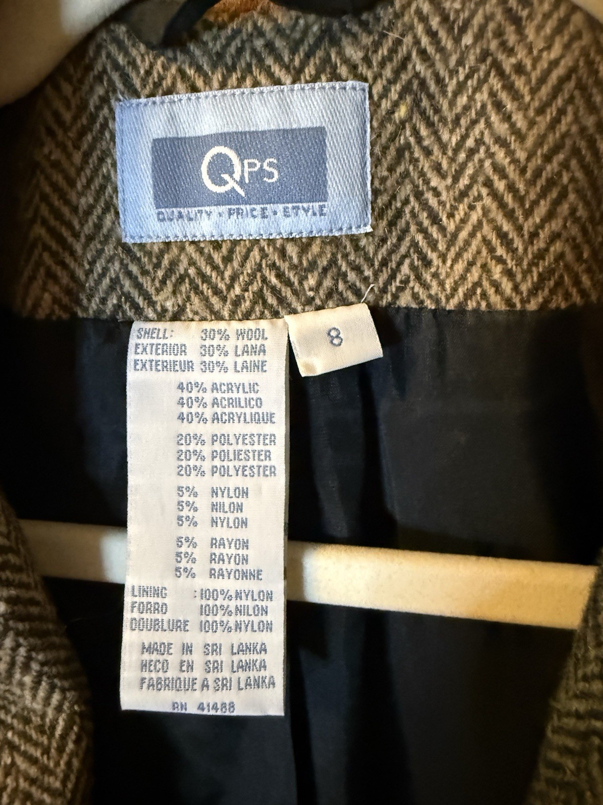Vintage 90s QPS Wool Blend Herringbone Patchwork Blazer Suede Collar Size 8