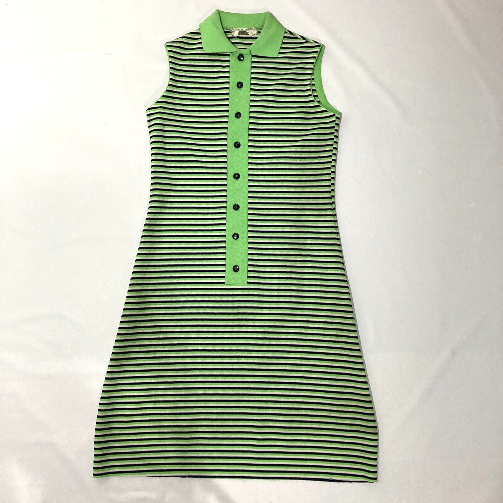 Vtg 70s Chemise Lacoste Shift Dress Med Lime Green/Black Stripe Mod Go-Go Preppy