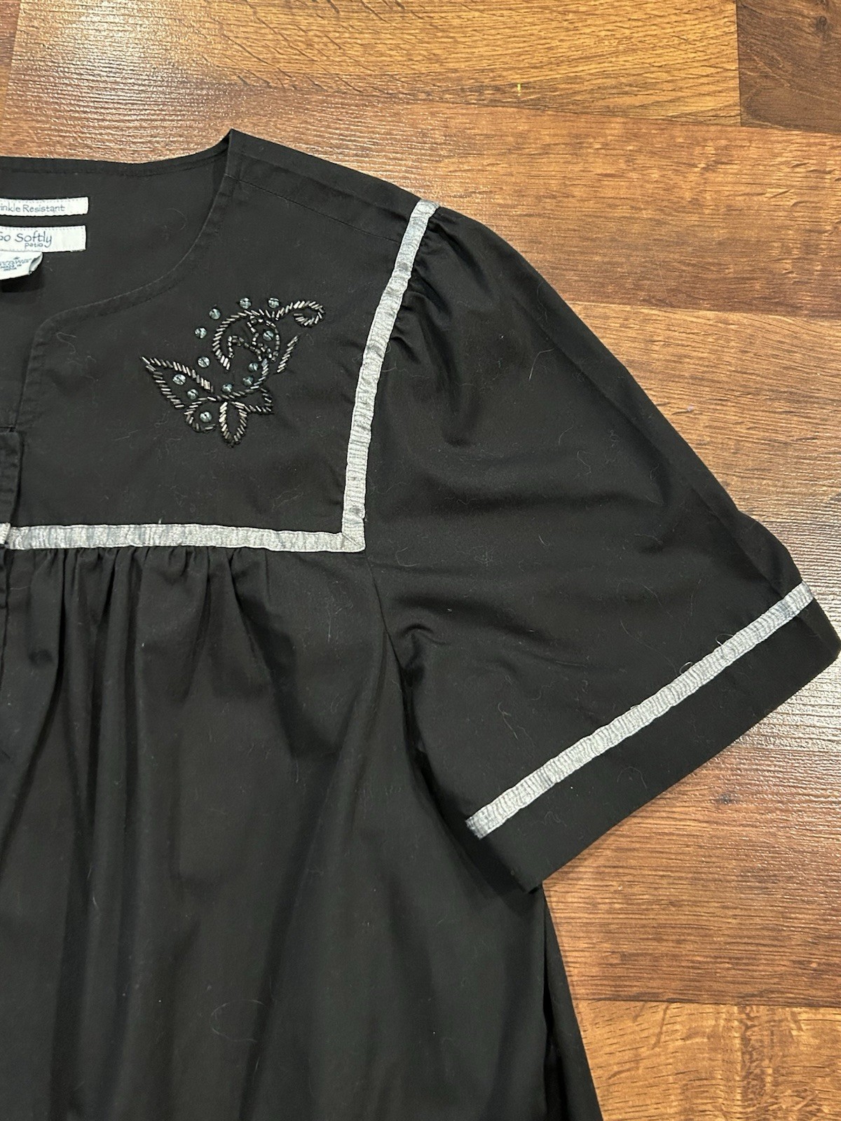 Vintage Go Softly Patio House Dress Black Embroidered Beaded Full Snap Small