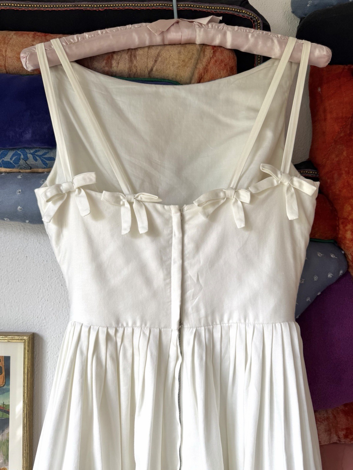 Vintage 1950s BORDER PRINT SUNDRESS Dress Cotton Blue ROSES Bows Metal Zipper XS