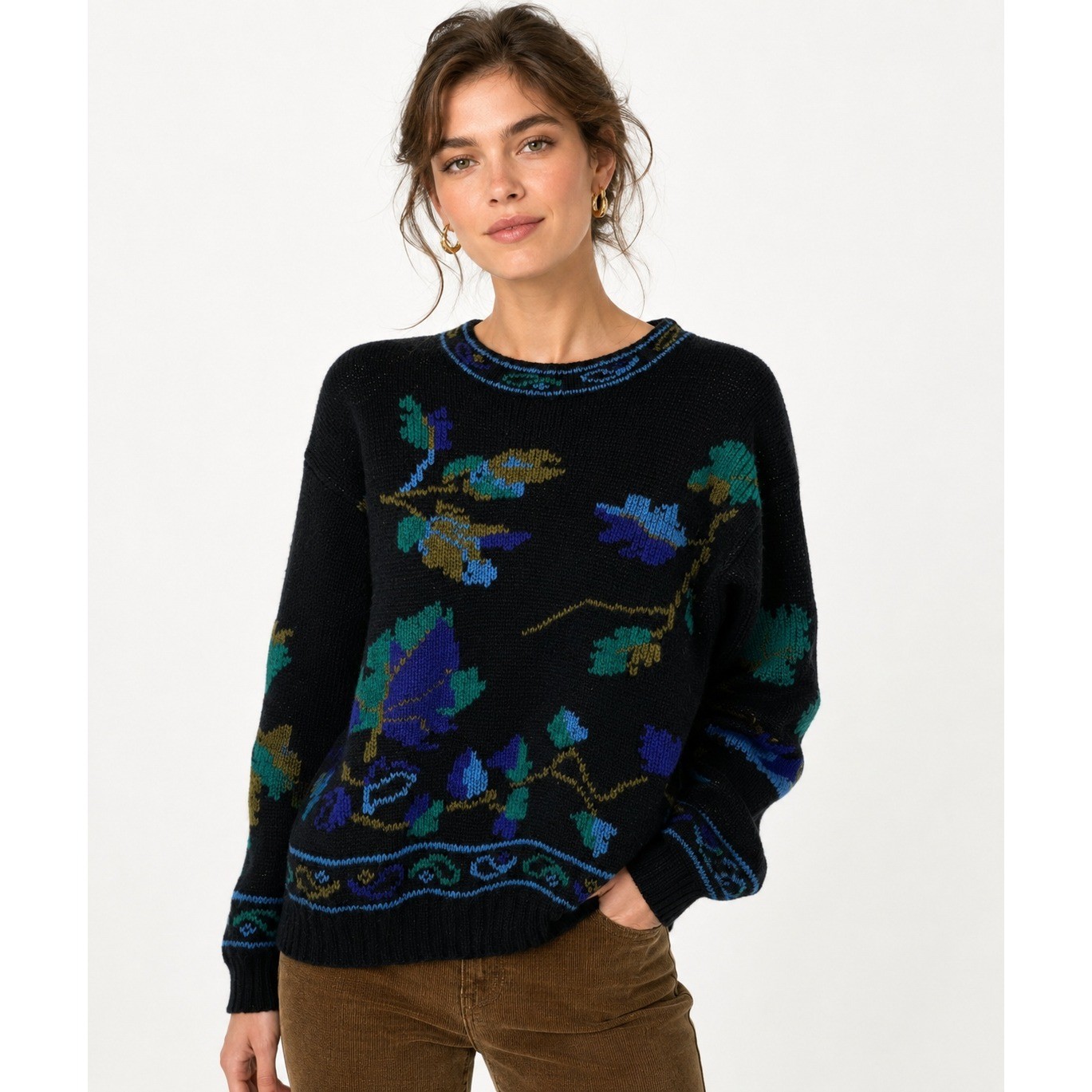 Cambridge Spirit Vintage Shetland Wool Floral Intarsia Sweater Black Small