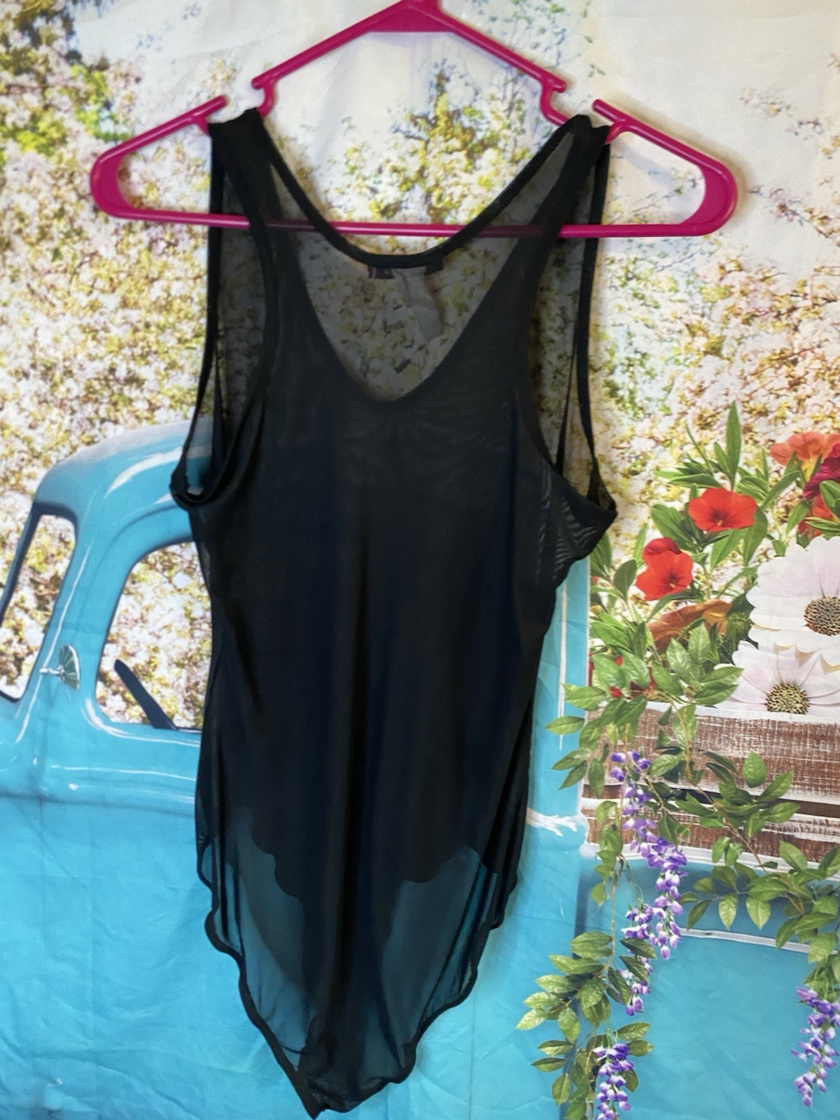 Vtg HAUTY Black Teddy Bodysuit Net Tank Style Size Large Stretchy Cheeky