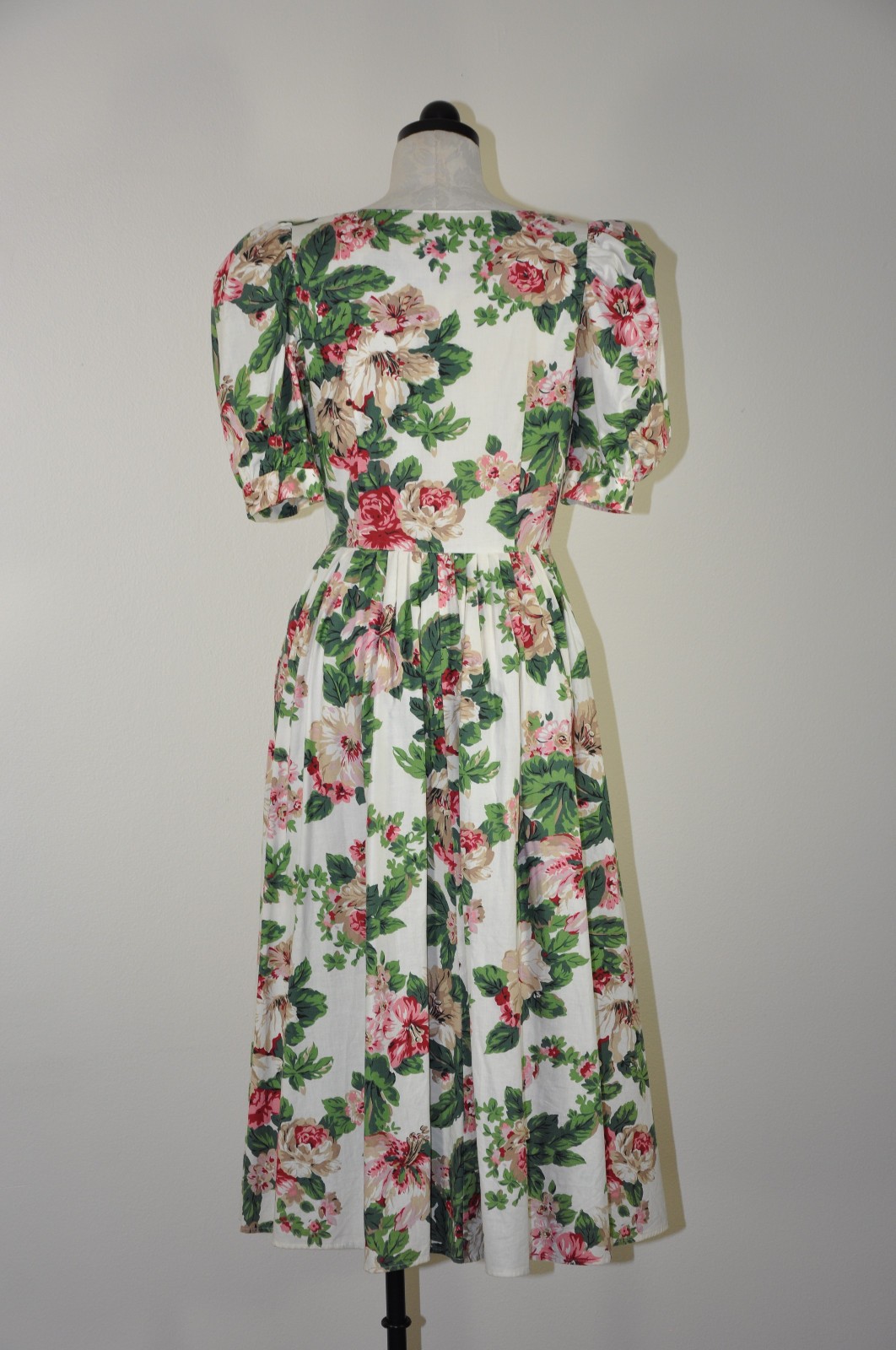 80s Vintage Pink Green Hibiscus Floral Puff Sleeve Romantic Midi Dress Women M L