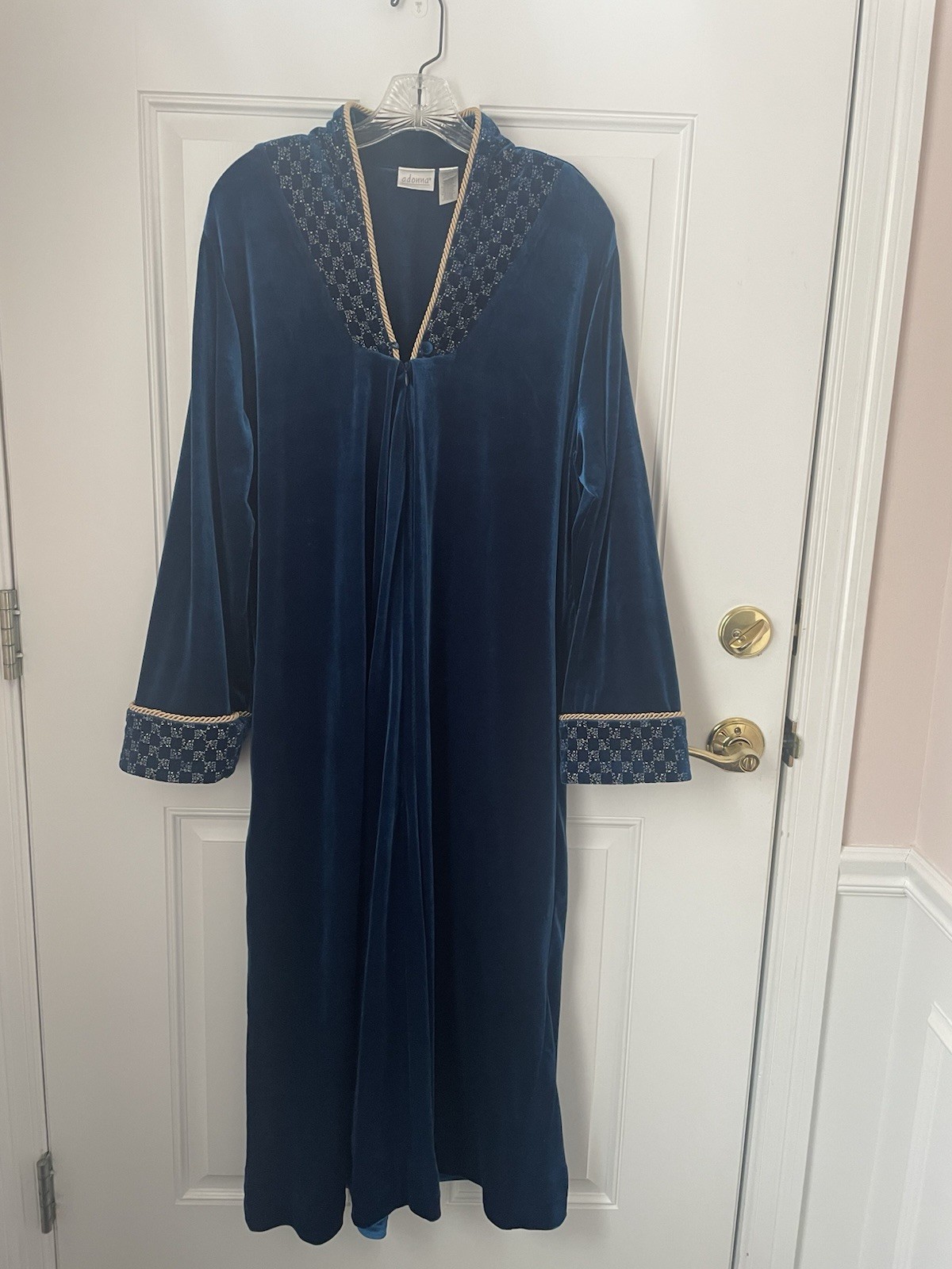 Vintage ADONNA womens Blue Velour Bathrobe 3/4 zipper Sz Med