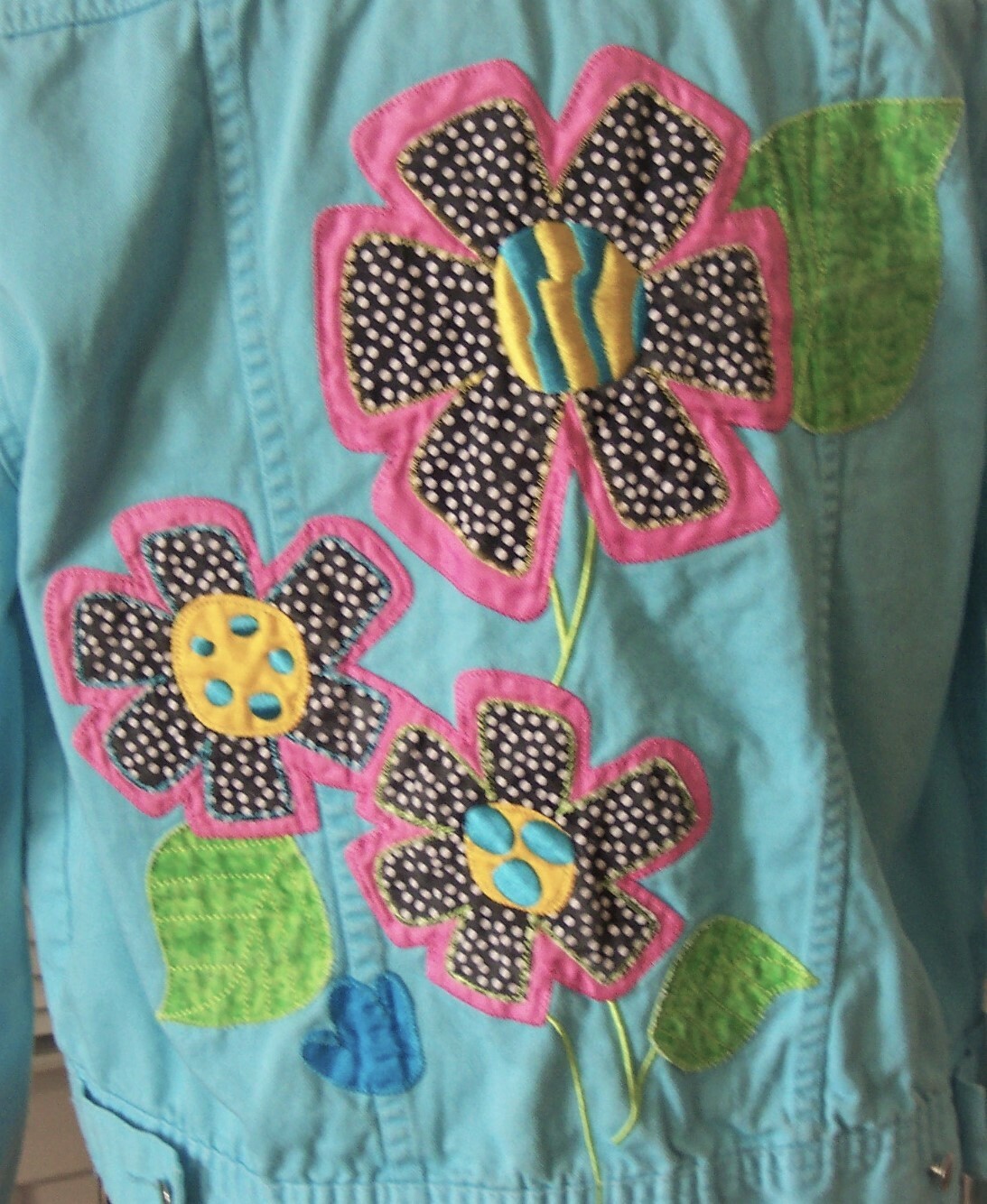 vintage turquoise aqua denim appliqued embroidered jean jacket mod hippy lg 80s