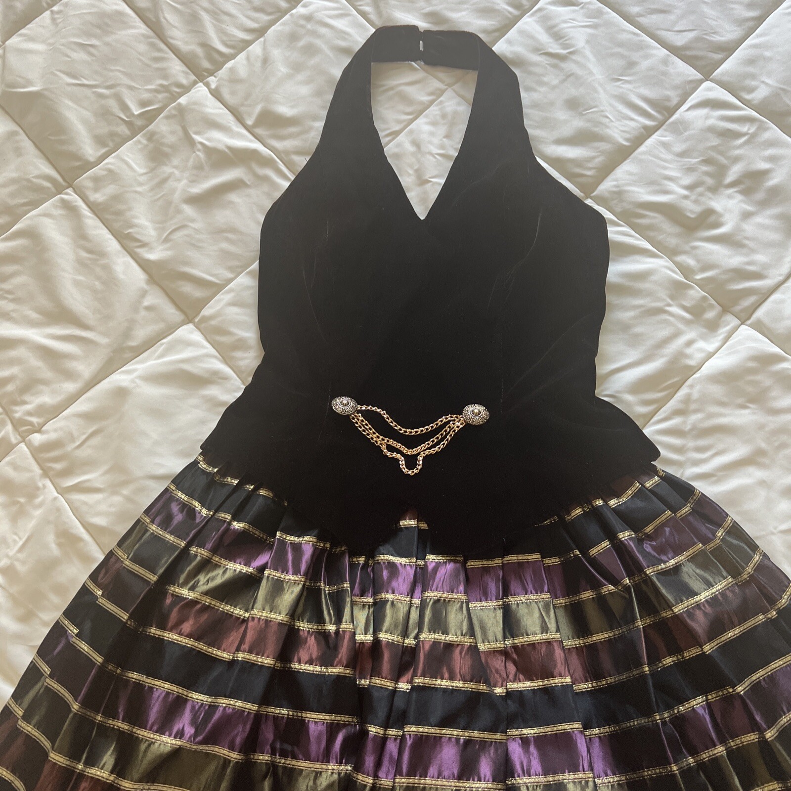 Vintage Black Velvet Halter V-neck In Purple Gold And Black Skirt Ballgown XS