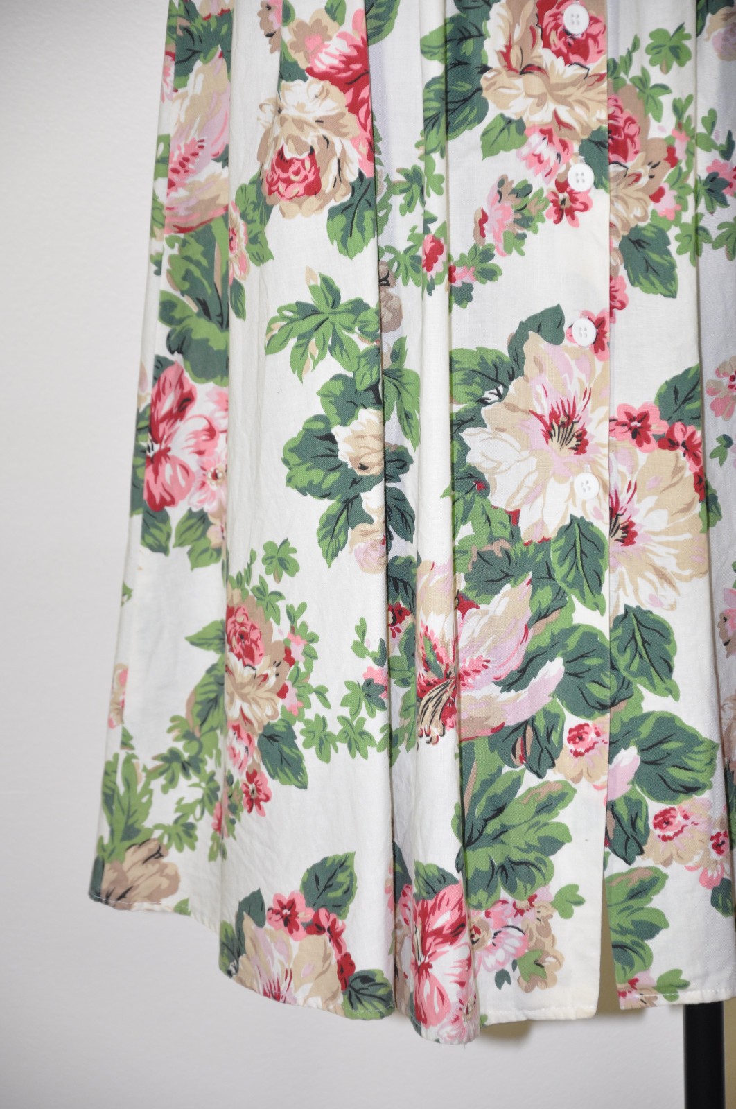 80s Vintage Pink Green Hibiscus Floral Puff Sleeve Romantic Midi Dress Women M L