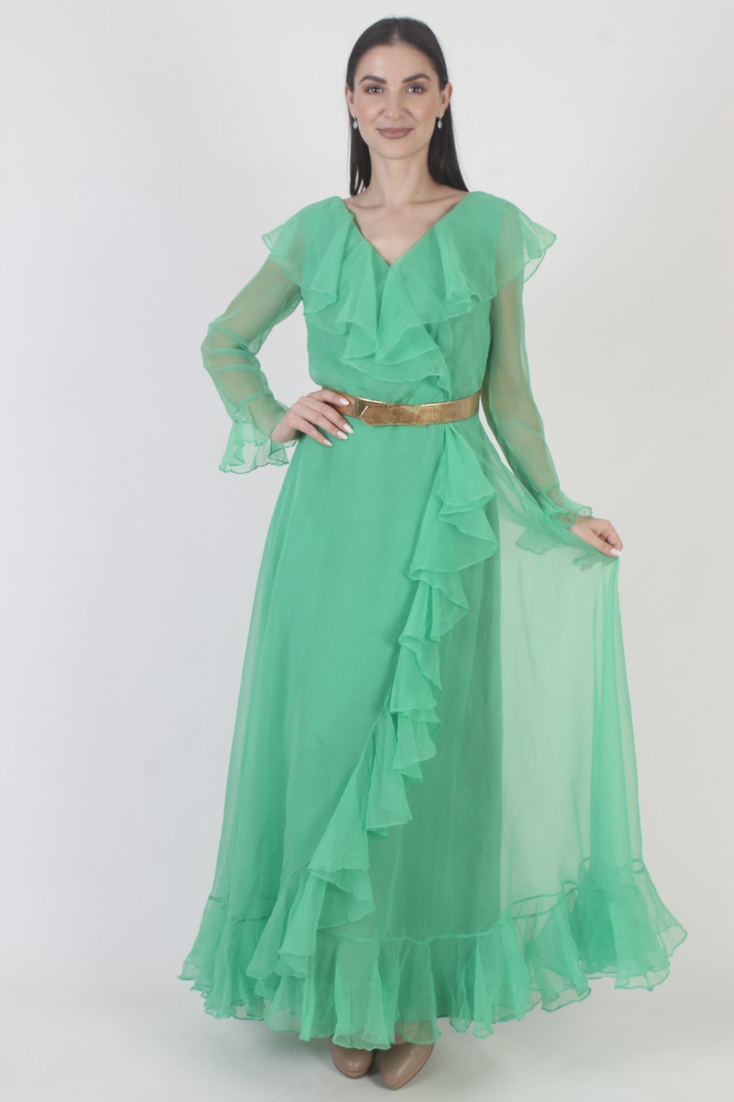 Vtg Green Chiffon Dress Cocktail Party Disco Sexy Grecian Goddess Lounge Maxi